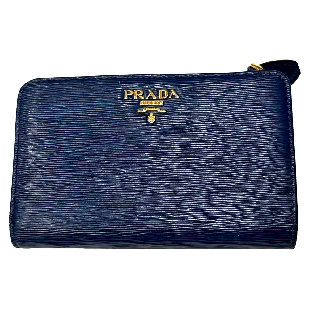 Prada Vitello Move Compact Wallet Bluette Blue Grained Leather Zip Around